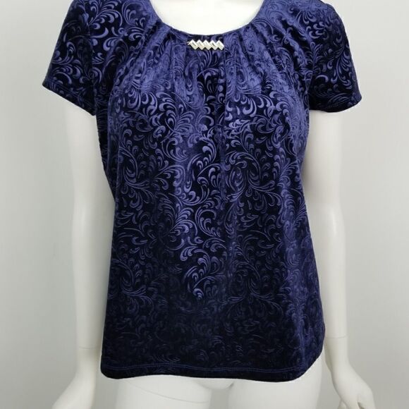 NWT Notations Petites Womens Size Small SP Navy Blue Paisley Embossed Velvet Top - Picture 3 of 5